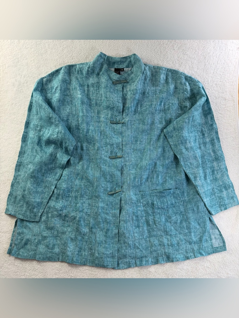 Focus Casual Life Cotton Mandarin Toggle Shirt Made USA M Oversized Teal